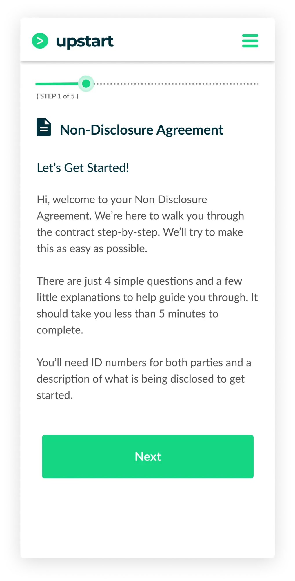 mobile screen from NDA document builder