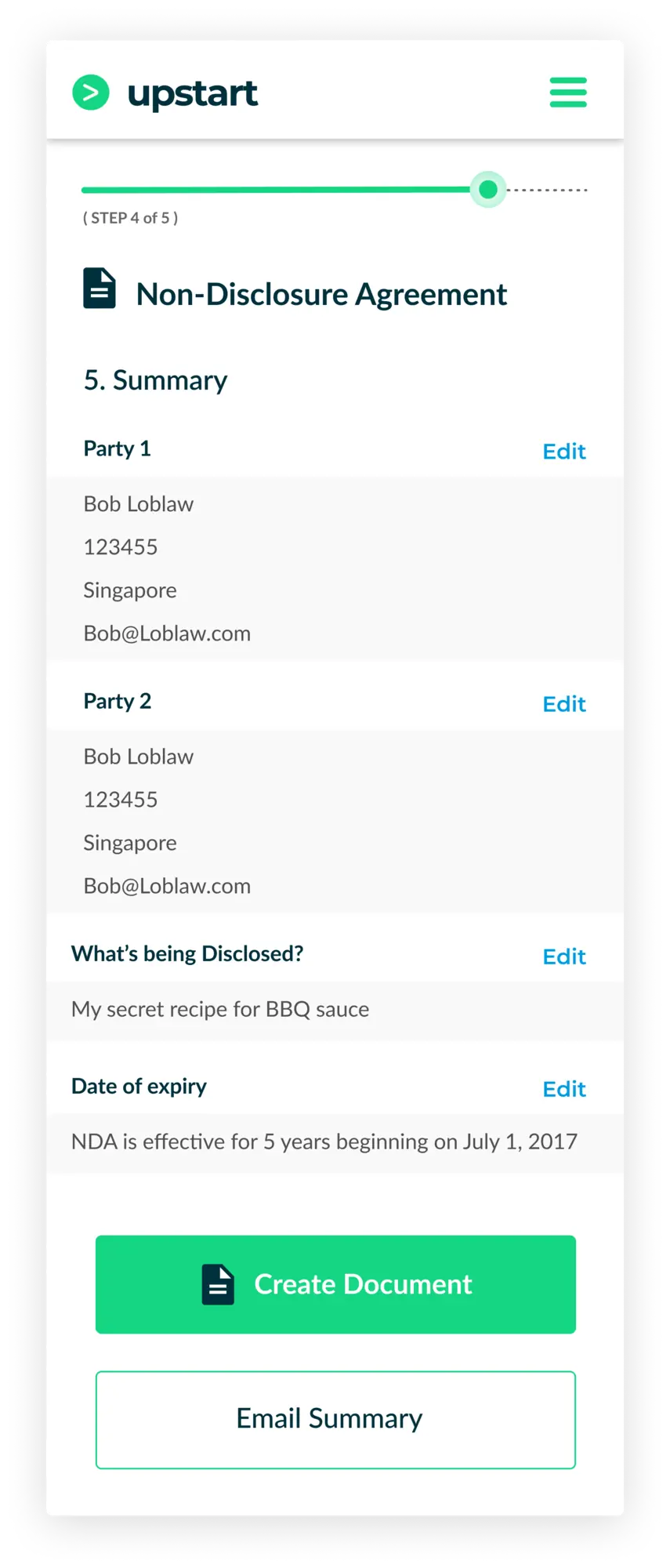Mobile contract summary page