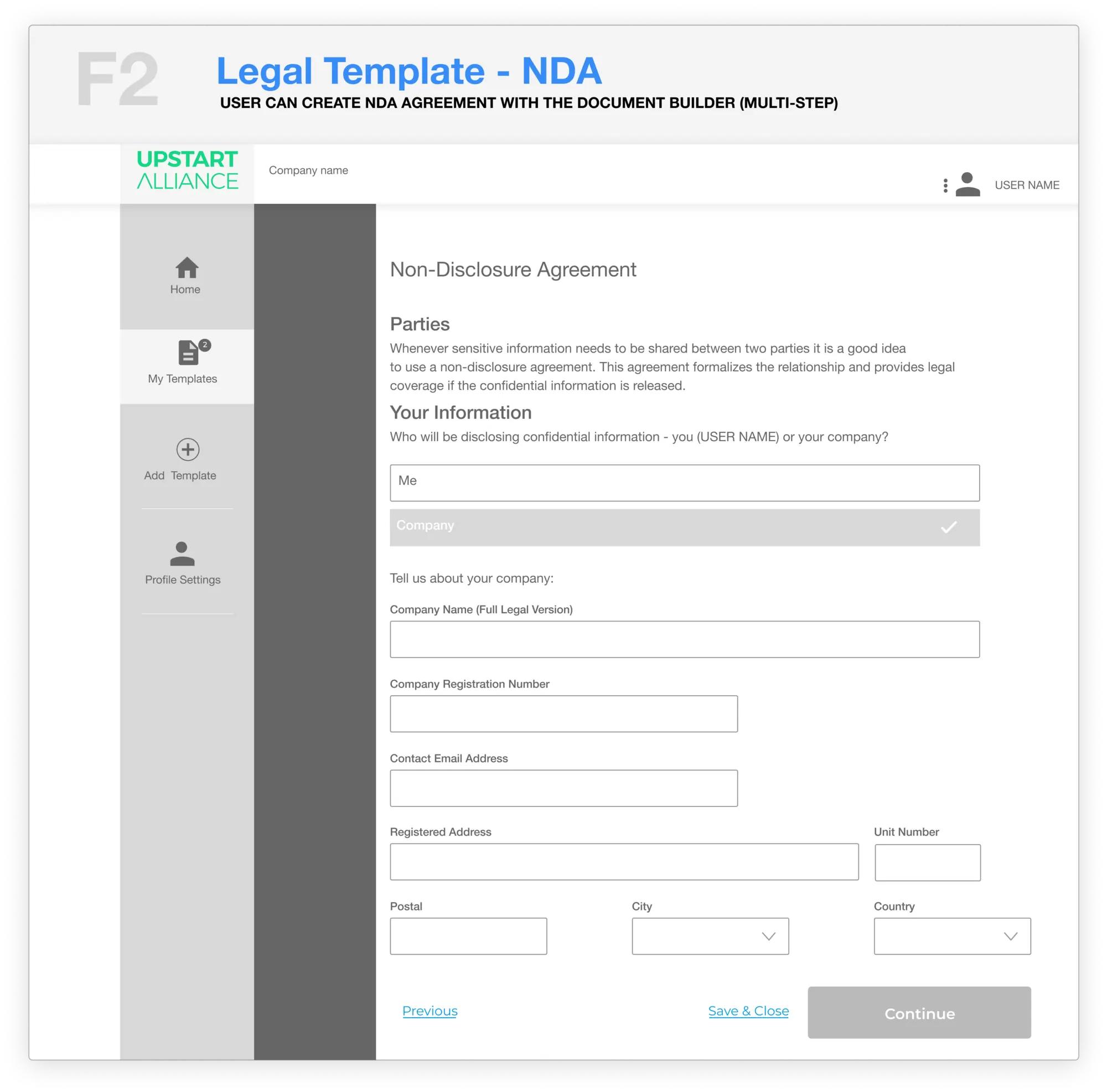desktop view of NDA document builder